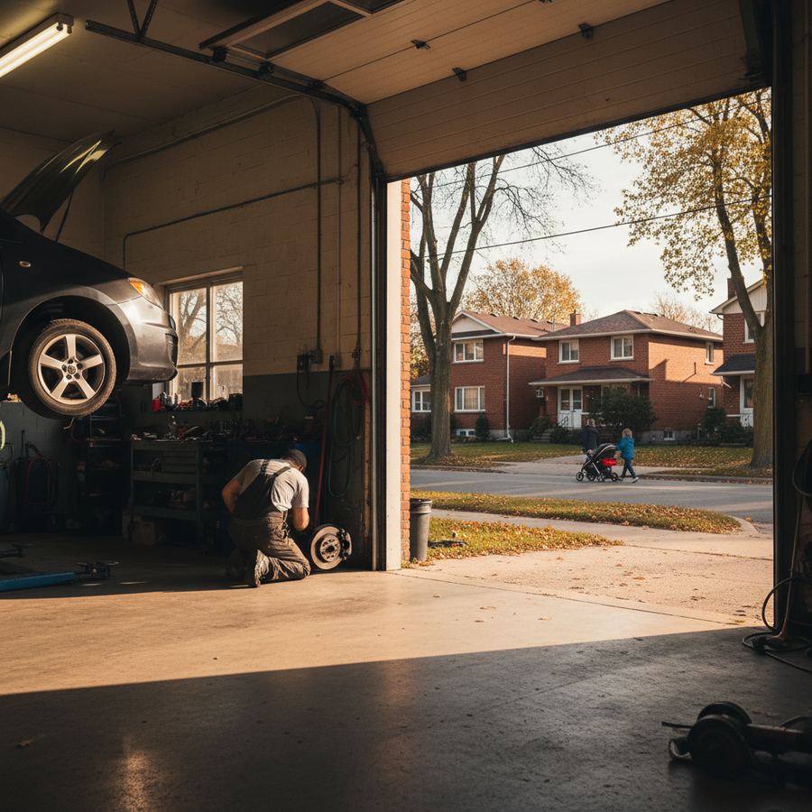 Close-up of a brake rotor and caliper during a brake service