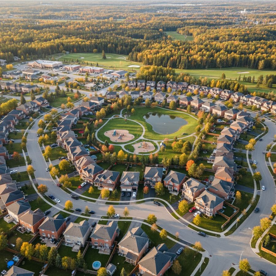 Aerial view of new homes and green spaces in Avalon, Orleans