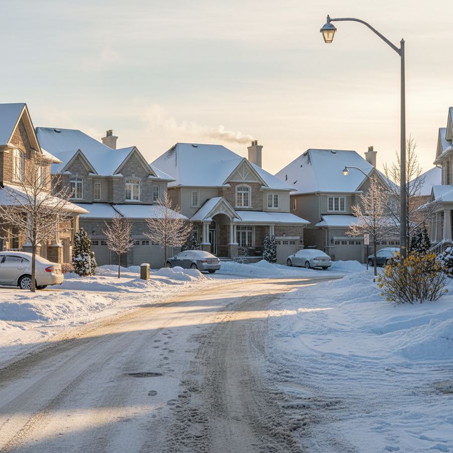Snow-covered street with modern homes in Avalon during winter