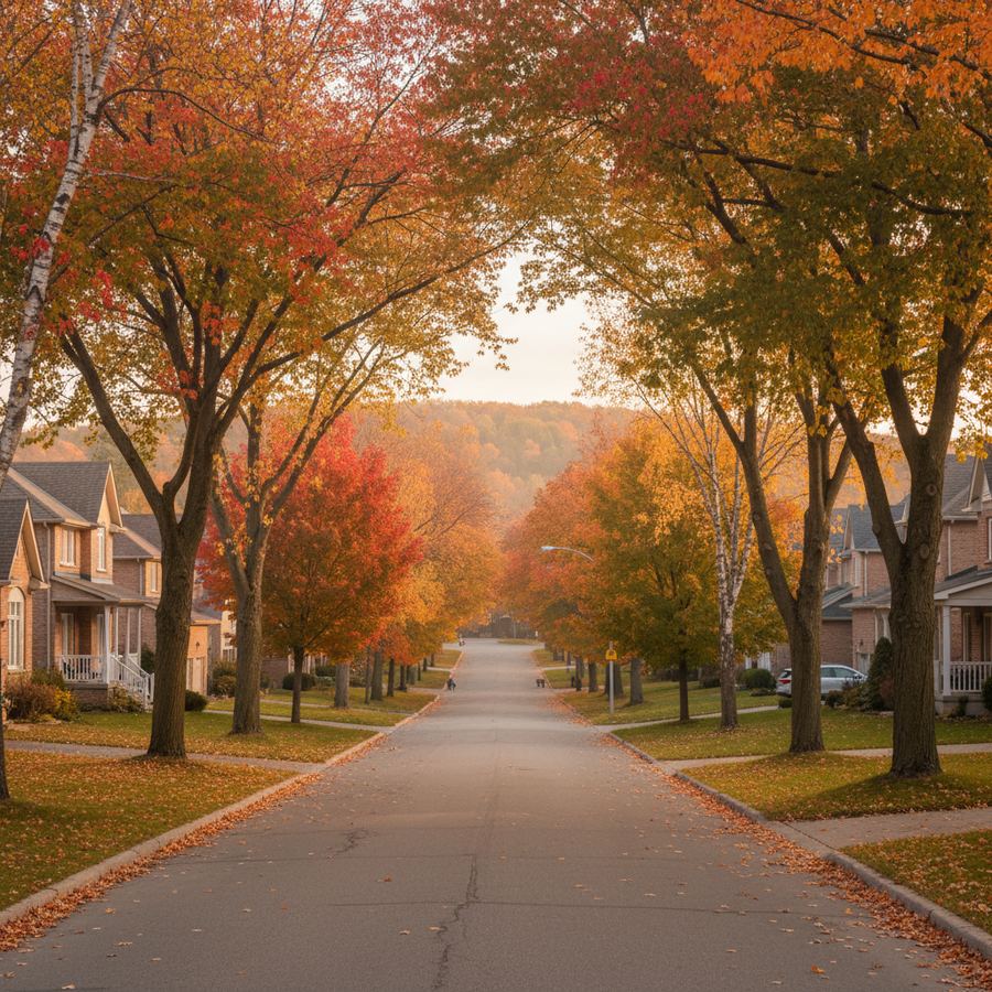 Colourful autumn foliage along a residential street in Chapel Hill, Orleans