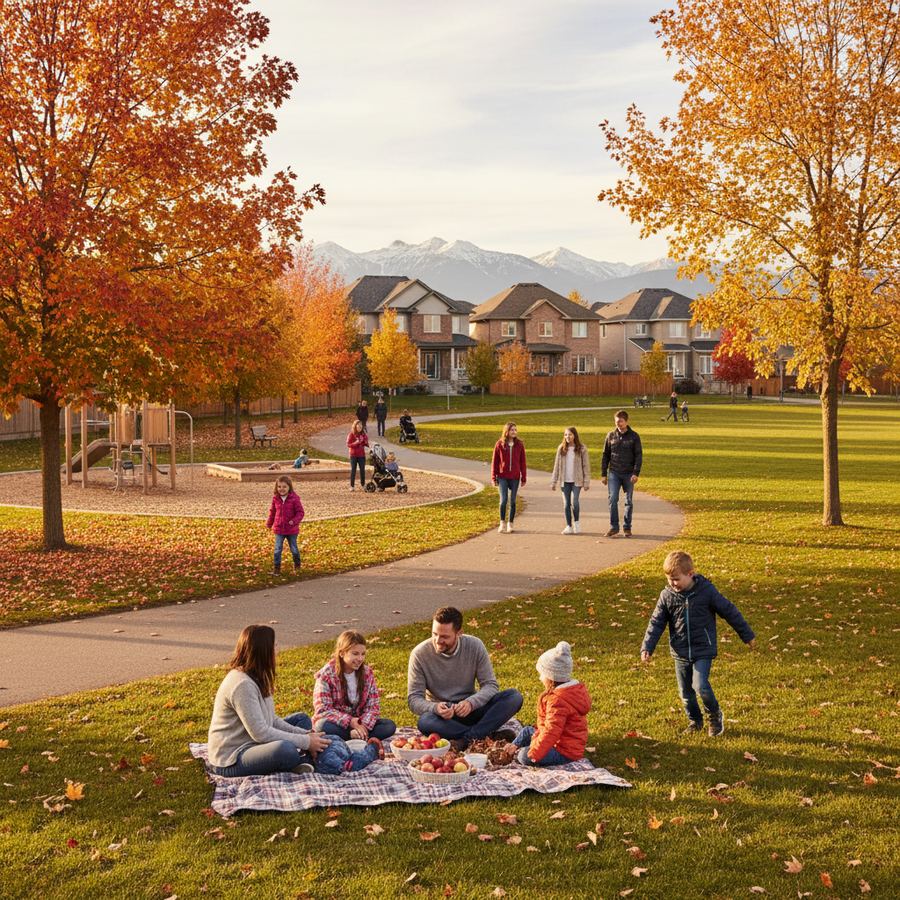 Families walking along paths in Fallingbrook Park in Orleans