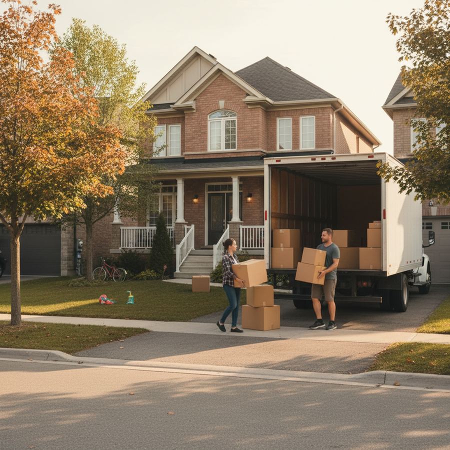 Moving boxes stacked in a bright living room in an Orleans home
