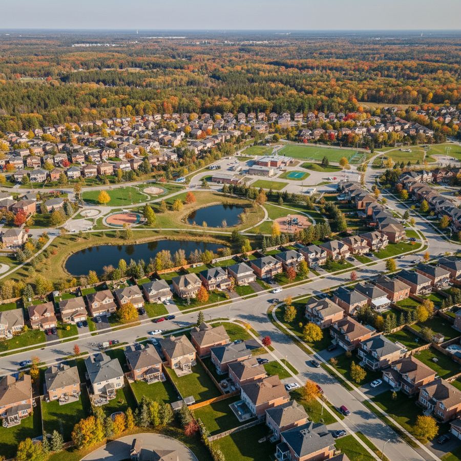 Aerial view of Orleans neighbourhoods and the Ottawa River