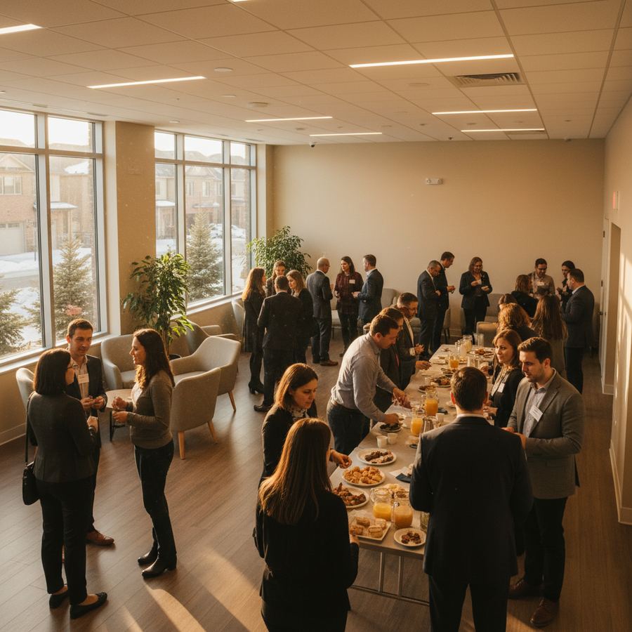 Business professionals networking at a local event in Orleans