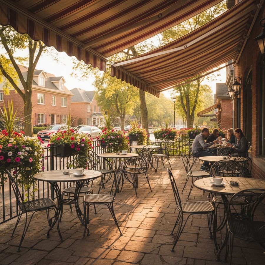 Morning coffee on a sunny cafe patio in Orleans