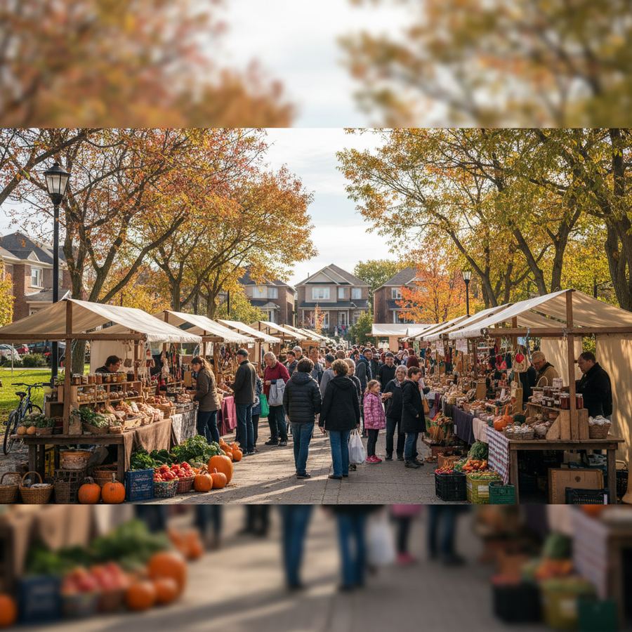 Vendors and shoppers at a farmers market near Orleans on a sunny morning
