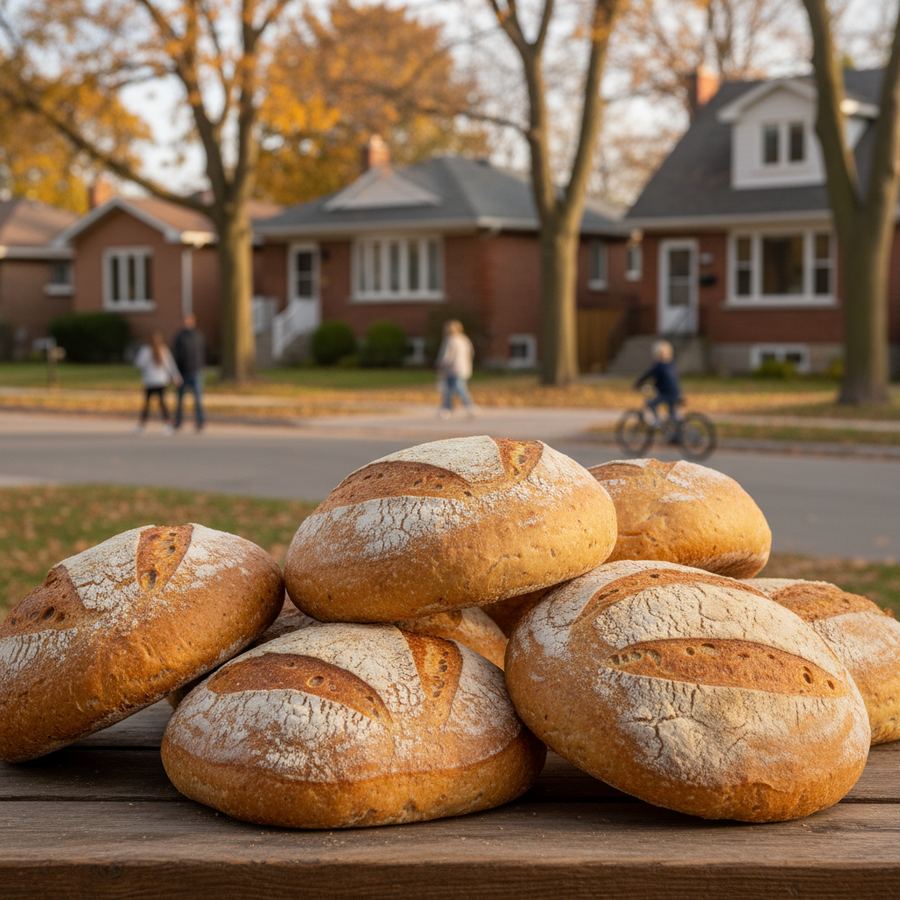 Fresh artisan bread loaves cooling on a rack at an Orleans bakery