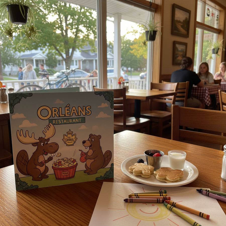 A child colouring a kids menu at a restaurant table in Orleans