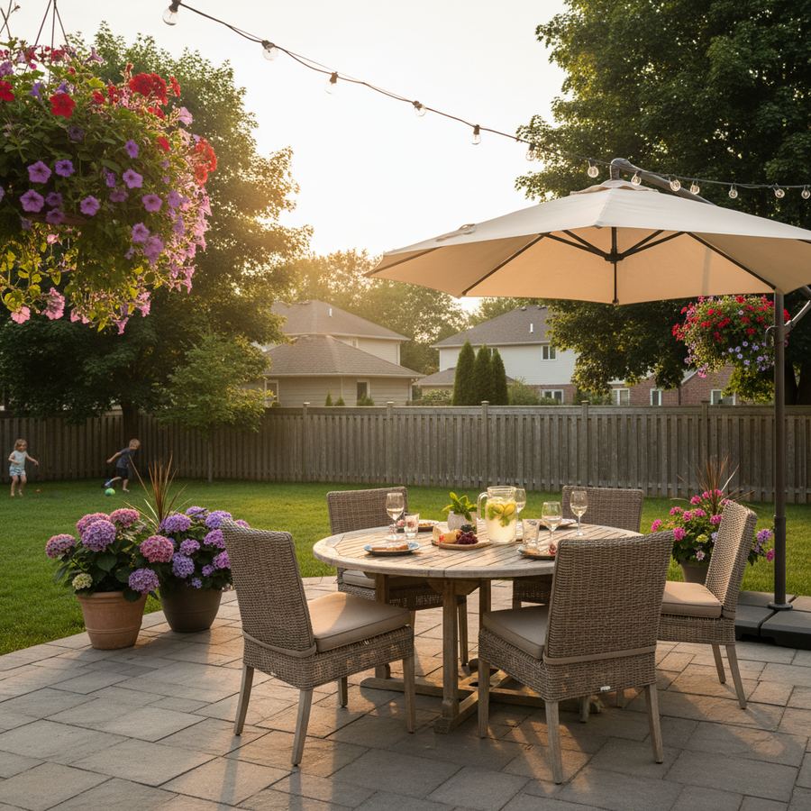 Busy restaurant patio on a summer evening in Orleans