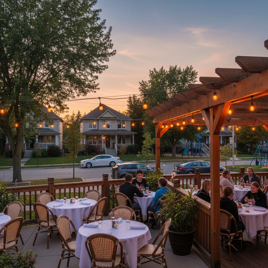 String lights over a restaurant terrace in Orleans at dusk