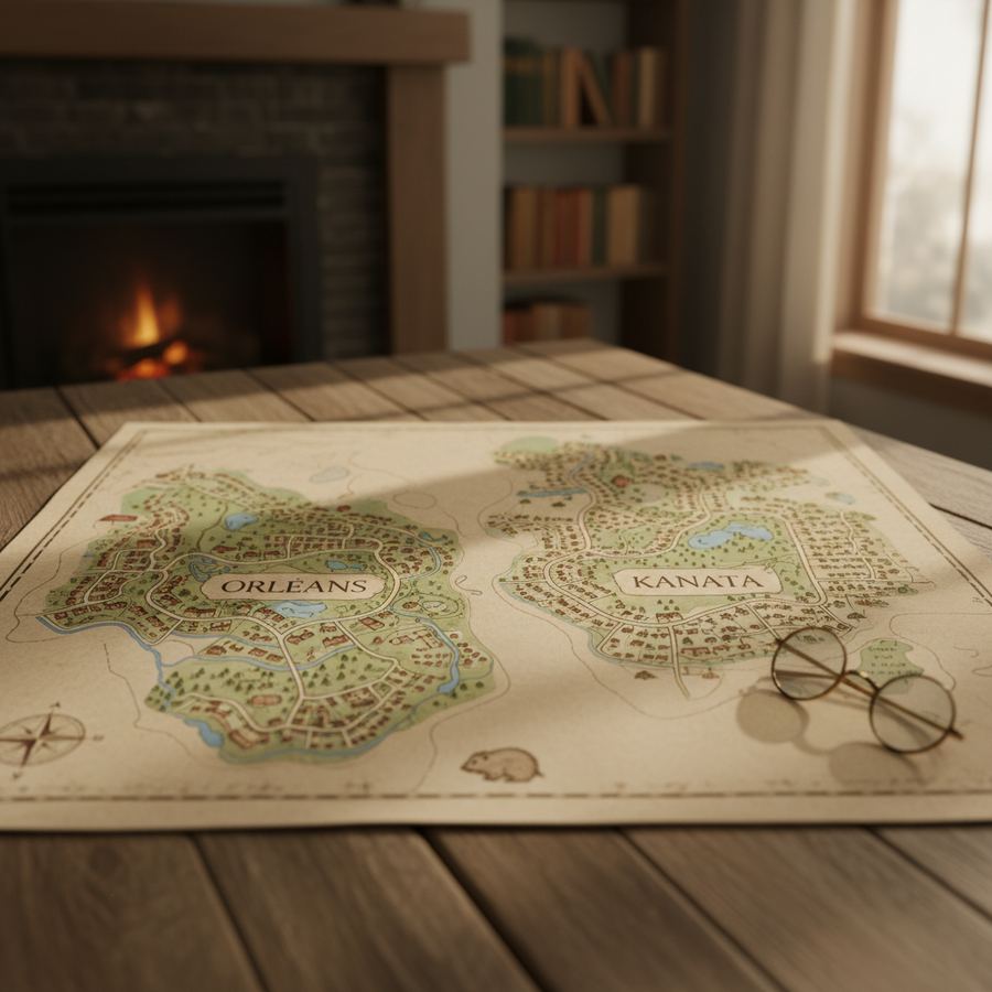 Map showing Orleans on Ottawa's east side and Kanata on the west side