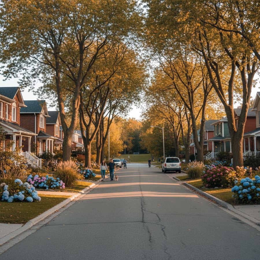 Lush front gardens and mature trees on a quiet street in Orleans Wood