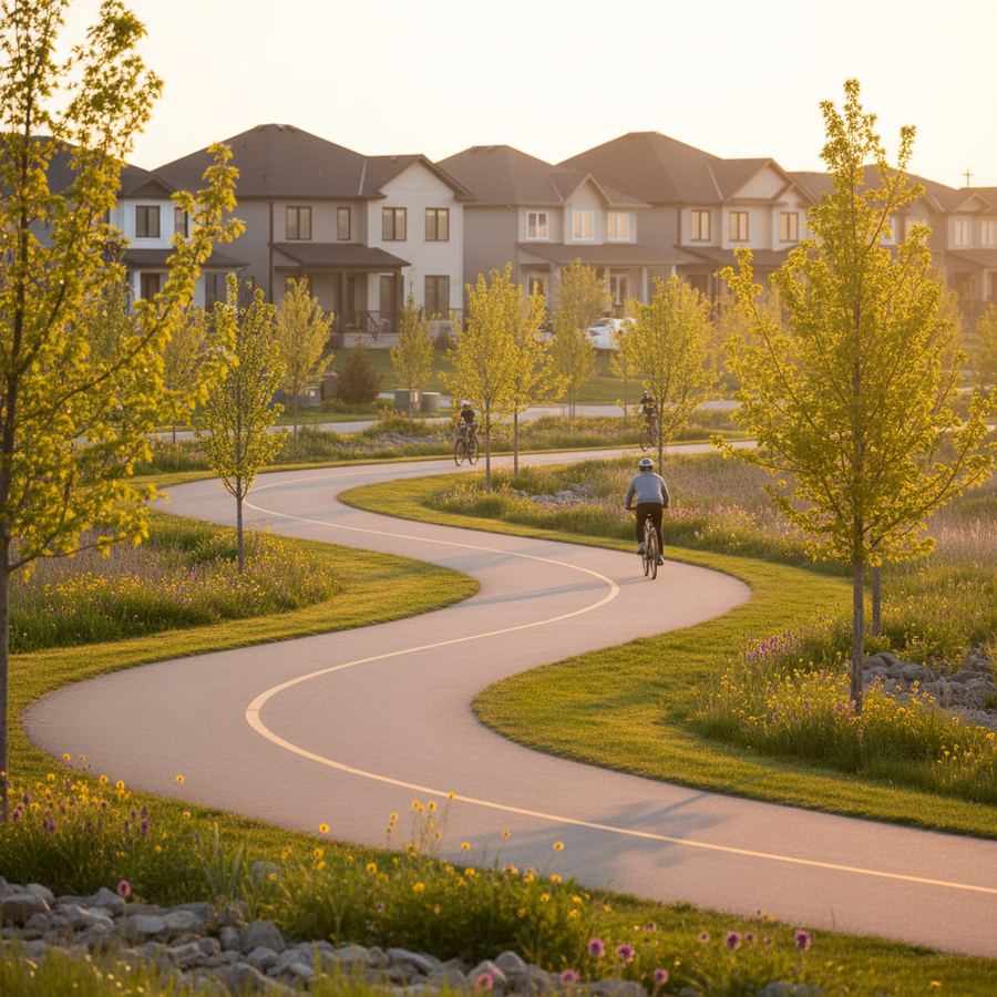 Cyclist on a paved pathway through green space in Spring Ridge, Orleans