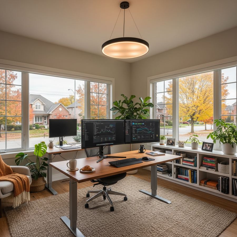 Modern workspace with laptop and dual monitors in an Orleans office